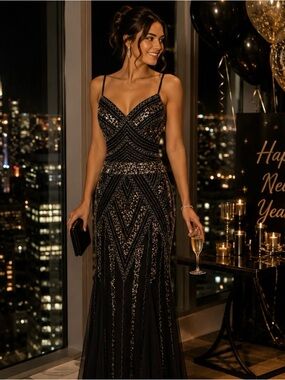 Black and Silver Sequin Evening Dress
